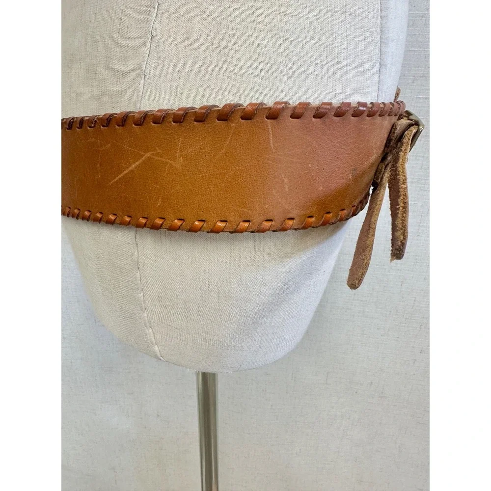 Unbranded Leather Whipstitch Double Buckle Wide Waist Belt Brown Boho